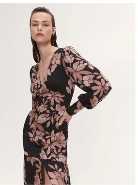 NWT Mango Collection Black Button Cuff Floral Chiffon Dress Size 4/S MSRP $138